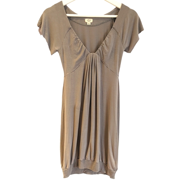 WILFRED Aritzia Tunic Dress Grey Draped V Neck Short sleeve Bubble Hem Mini Sz S - Picture 1 of 7